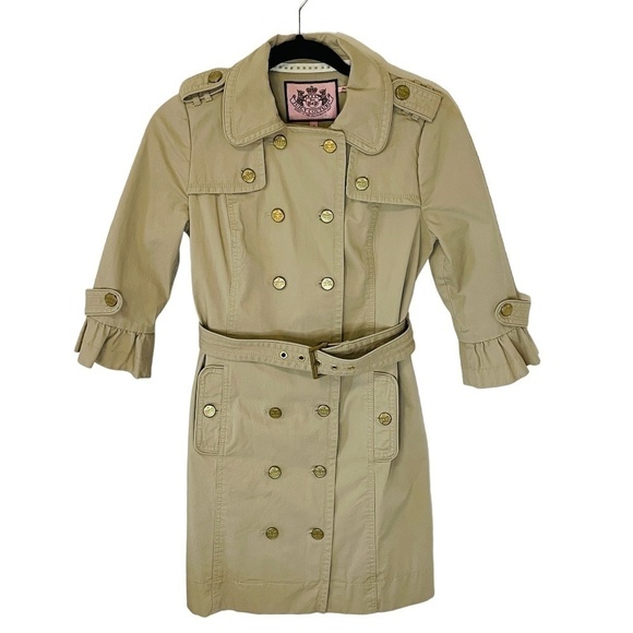 JUICY Couture Tan Trench Cotton Y2K Double Breasted Neutral Trench Coat SZ S - Picture 9 of 12